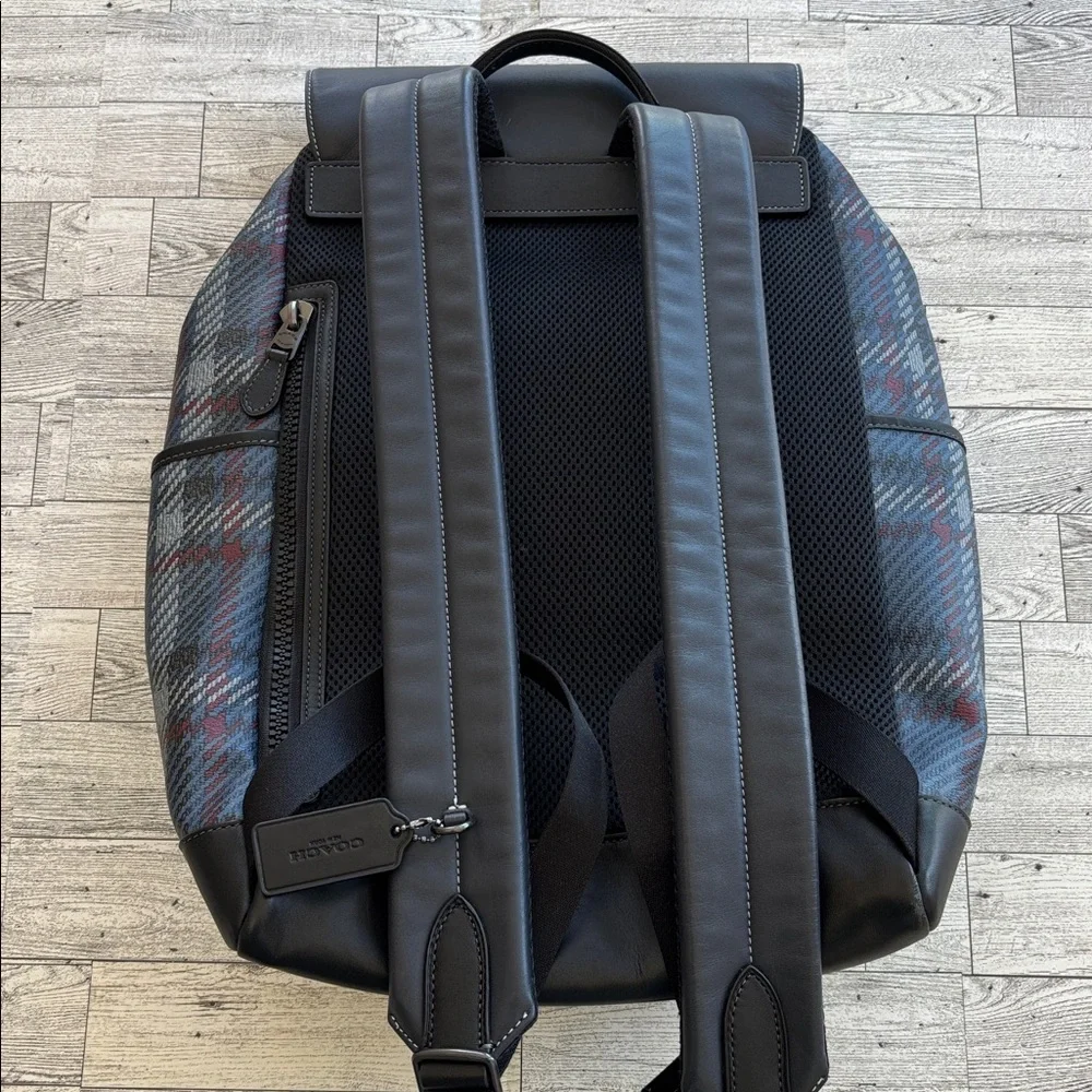 Coach Leather Backpack Blue Track Plaid Laptop Travel Carry On Bag Quiet Luxury‎